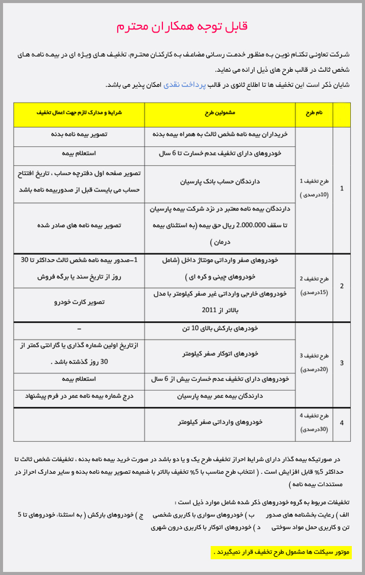 اعلام طرح های تخفیف بیمه نامه شخص ثالث